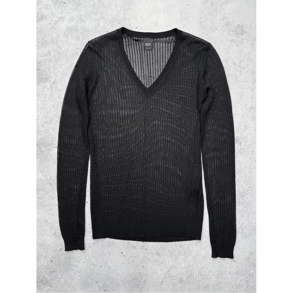 00s Esprit Collection Sheer Metallic V Neck Sweater Black S Y2K Clubwear